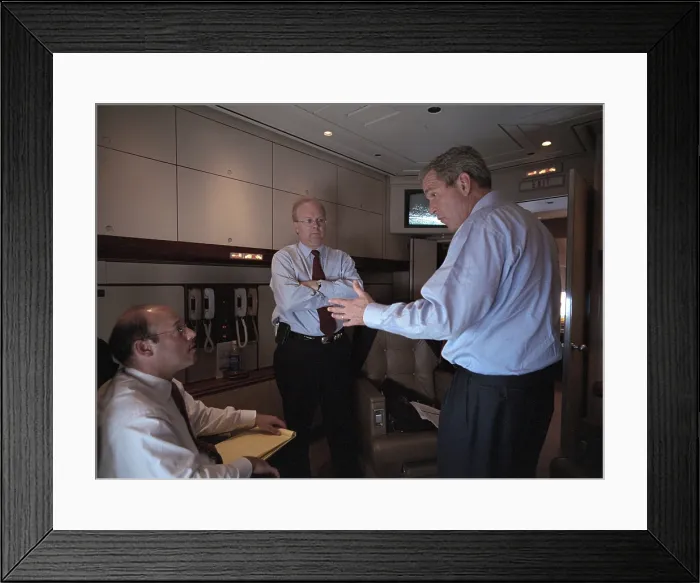 Framed Print : President George W. Bush with Ari Fleischer (left) and Karl Rove on Air Force 1, Sept 11, 2001 Framed Print : President George W. Bush with Ari Fleischer (left) and Karl Rove on Air Force 1, Sept 11, 2001