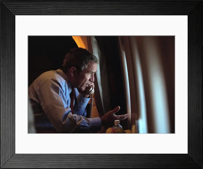 Framed Print : President George W. Bush on the phone with Vice President Dick Cheney from Air Force One. Sept. 11, 2001