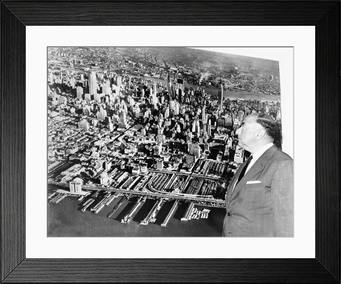 Framed Print : William Zeckendorf 1905-1976 Real estate tycoon and developer looking at wall photo of New York City. June 24 1963 Framed Print : William Zeckendorf 1905-1976 Real estate tycoon and developer looking at wall photo of New York City. June 24 1963