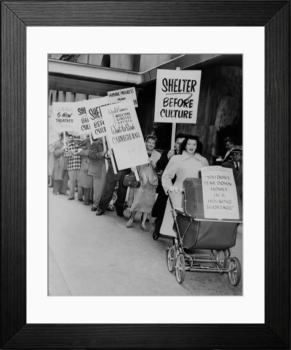 Framed Print : Mrs. Ellan Levitt leading women pickets protesting proposed destruction of her Lincoln Square neighborhood in New York City to build Lincoln Center. 1956. (BSLOC_2010_18_96)