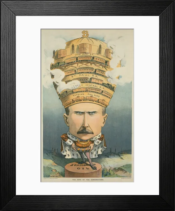 Framed Print : THE KING OF THE COMBINATIONS cartoon of John D. Rockefeller wearing a crown and robe standing on an oil storage tank labeled Standard Oil Framed Print : THE KING OF THE COMBINATIONS cartoon of John D. Rockefeller wearing a crown and robe standing on an oil storage tank labeled Standard Oil