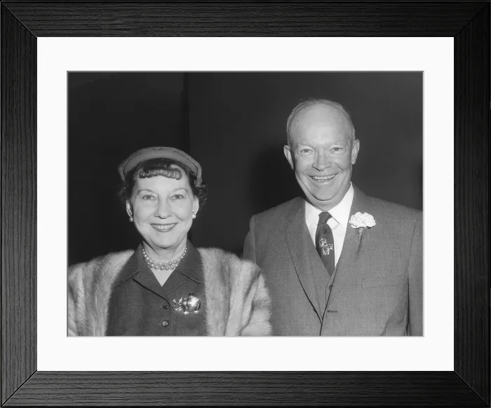 Framed Print : President Dwight and First Lady Mamie Eisenhower. Mamie wears an elephant pin, and the President has an elephant tie. Oct. 14, 1958. - (BSLOC_2014_16_84)