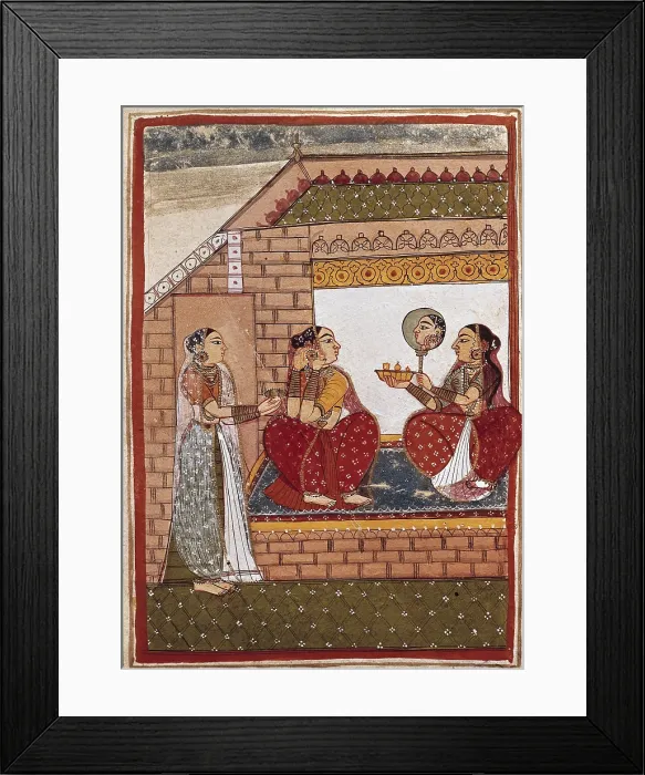 Framed Print : Bath of an Indian princess. Indian-Mongolian Art. Maliwa school. 1720. Hindu art. Miniature Painting. FRANCE. Paris. Marco Polo Gallery