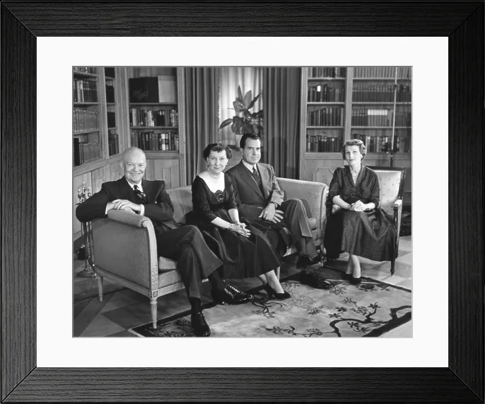 Framed Print : President and Mamie Eisenhower with Pat and Richard Nixon on election eve. Nov. 5, 1956. - (BSLOC_2014_16_9)