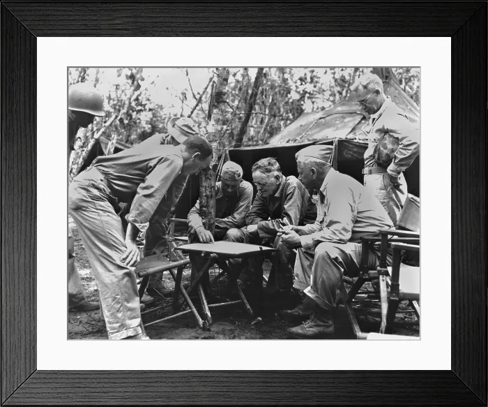 Framed Print : U.S. Commanders behind the front line on Bougainville Island during Operation Cartwheel. Seated: Gen. Allen Turnage, Vice Admiral William Halsey, Maj. Gen. Roy Geiger. Nov Framed Print : U.S. Commanders behind the front line on Bougainville Island during Operation Cartwheel. Seated: Gen. Allen Turnage, Vice Admiral William Halsey, Maj. Gen. Roy Geiger. Nov