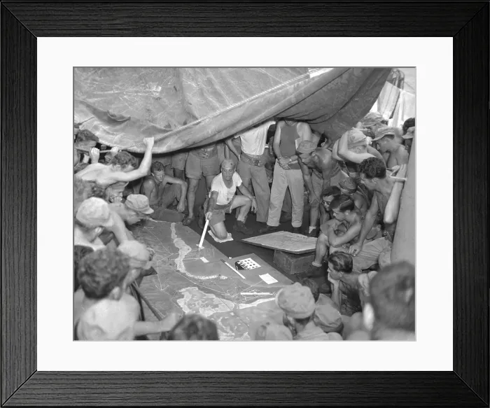 Framed Print : U.S. Marines study a relief map on Guam before their July 21, 1944 invasion. World War 2. (BSLOC_2013_14_42)