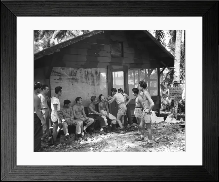 Framed Print : U.S. Marines at routine sick call on New Georgia Island in the South Pacific during World War 2. (BSLOC_2013_14_260)