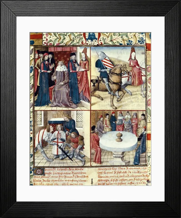 Framed Print : Everard de Espinques's 'Tristan and Iseult', written by Gassien de Poiters. Page from the third volume, with Jean Du Mas weapons Framed Print : Everard de Espinques's 'Tristan and Iseult', written by Gassien de Poiters. Page from the third volume, with Jean Du Mas weapons