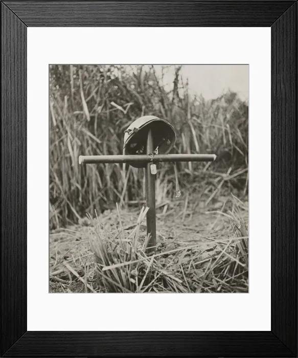 Framed Print : Helmet and dog tags of Sgt. Lionel J. Paquette on a cross made from bamboo, in Burma (Myanmar) Framed Print : Helmet and dog tags of Sgt. Lionel J. Paquette on a cross made from bamboo, in Burma (Myanmar)