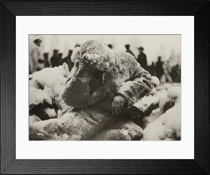 Framed Print : Dead Russian soldier sitting, covered with a dusting of snow, a casualty of the Battle of Suomussalmi, during the Russo-Finnish War of 1939-40