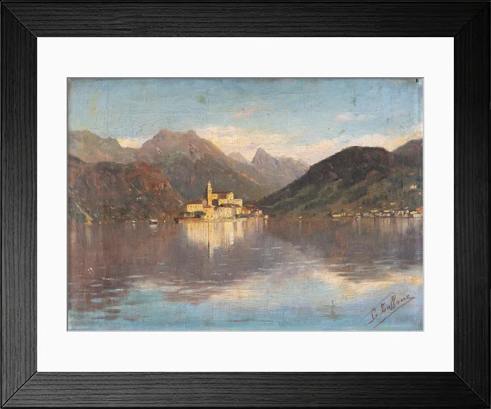 Framed Print : The Isle of San Giulio in the Lake Orta, by Cesare Tallone, 1874 about, 19th Century, oil on canvas, cm 27 x 38 - Italy, private collection