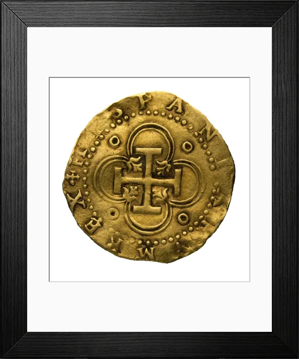 Framed Print : Philip II of Spain's golden coin, coined in Seville. 16th century. Numismatics. Reverse. Philately and Numismatics. - J Framed Print : Philip II of Spain's golden coin, coined in Seville. 16th century. Numismatics. Reverse. Philately and Numismatics. - J