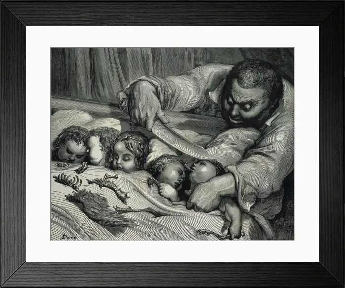 Framed Print : PERRAULT, Charles (1628-1703); Dore, Paul Gustave (1832-1883). Hop o My Thumb. 1882. The ogre about to kill his daughters. Engraving Framed Print : PERRAULT, Charles (1628-1703); Dore, Paul Gustave (1832-1883). Hop o My Thumb. 1882. The ogre about to kill his daughters. Engraving