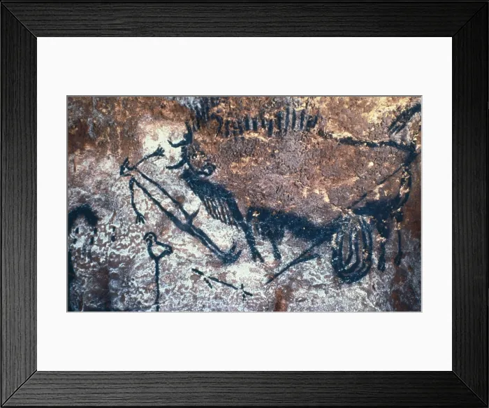 Framed Print : FRANCE. Montignac. The Cave of Lascaux. Fighting scene between men and bisons (c.17000-15000 BC). Upper Paleolithic. Magdalenian. Cave. - J