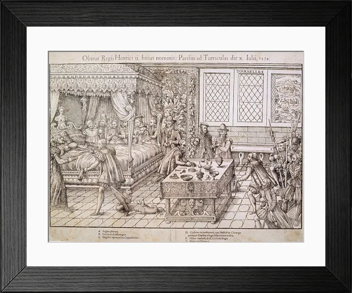 Framed Print : Henry II of France lies in bed surrounded by attendants after he was wounded while jousting during the celebration daughter's marriage to King Philip II of Spain