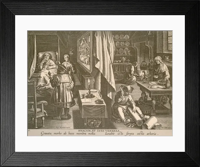 Framed Print : A multi-scene engraving shows the treatment of a European syphilis patient, who drinks Guayaco Framed Print : A multi-scene engraving shows the treatment of a European syphilis patient, who drinks Guayaco