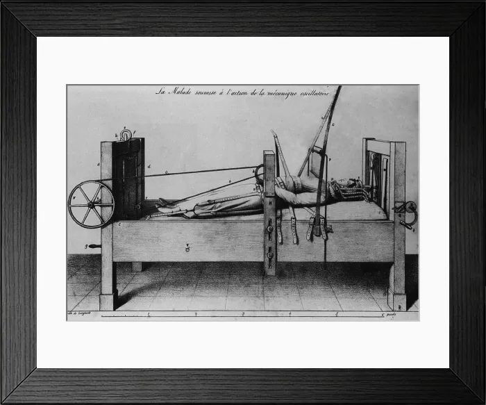 Framed Print : Female patient strapped into an orthopedic bed, with braces and cranks to apply traction. From 1827 French medical treatise