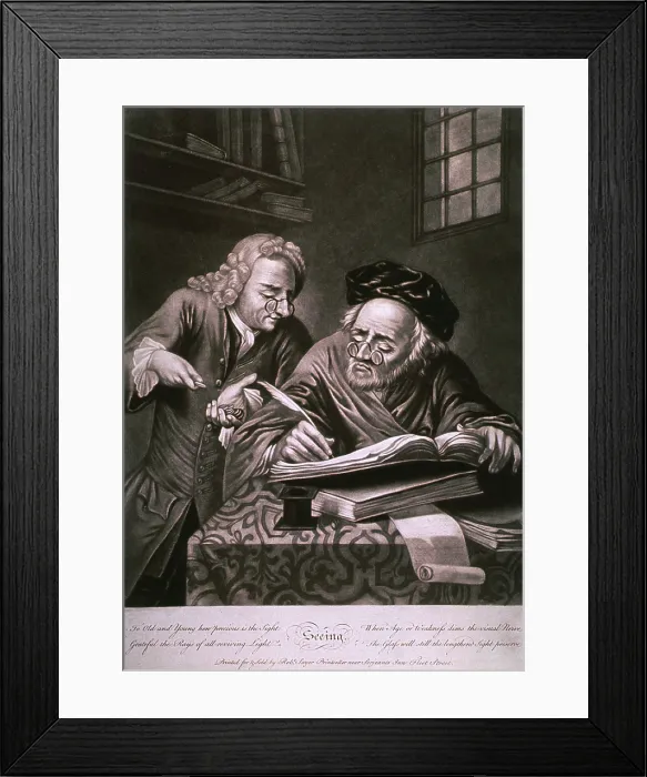 Framed Print : Man wearing spectacles tallies an account book while another man counts coins. Print entitled, SEEING, illustrates the use of glasses to assist the old and weak sighted Framed Print : Man wearing spectacles tallies an account book while another man counts coins. Print entitled, SEEING, illustrates the use of glasses to assist the old and weak sighted