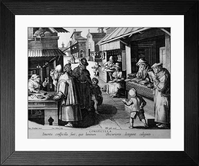 Framed Print : THE SPECTACLE SELLER. A market scene in which most of the adults are wearing spectacles. At left is a man selling spectacles; to the right is a bookseller, and shoe maker