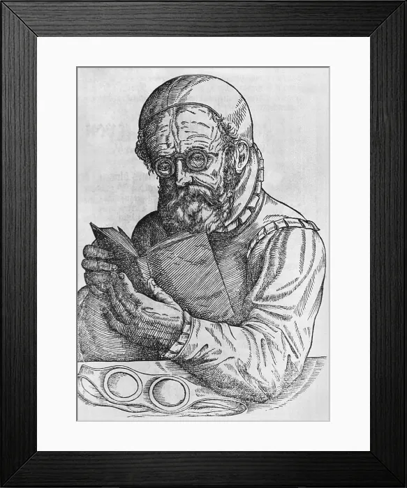 Framed Print : A man reading with the aid of spectacles from OPHTHALMODOULEIA, a 1583 medical treatise on the eyes by Georg Bartisch (1535-1607) Framed Print : A man reading with the aid of spectacles from OPHTHALMODOULEIA, a 1583 medical treatise on the eyes by Georg Bartisch (1535-1607)