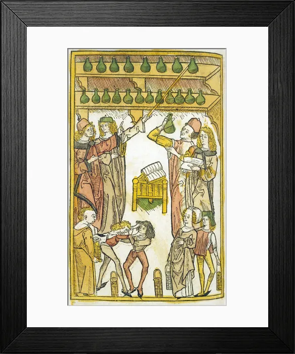 Framed Print : Title page to the treatise on urine analysis in the late medieval book, HORTUS SANITATIS (Origin of Health)