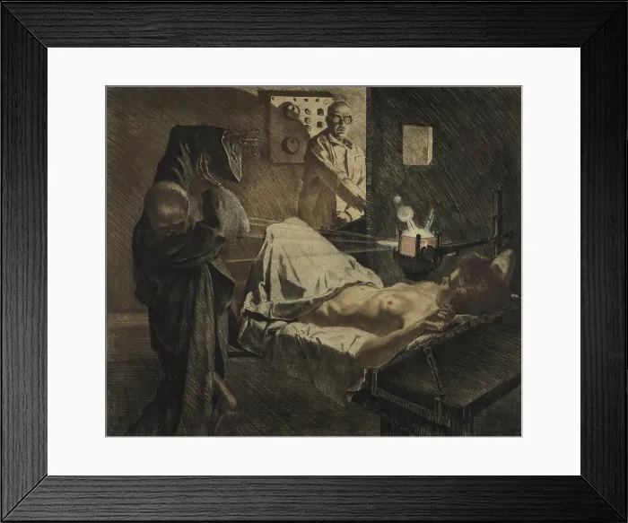 Framed Print : THE PHYSICIAN OF THE X-RAYS, depicts a physician using x-rays to repel Death, a skeleton wearing a shroud, as it approaches a nude young woman on an operating table. Ca