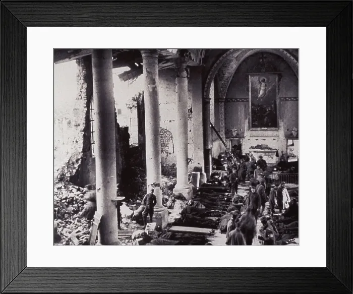 Framed Print : A first aid station in a bombed-out church, on the western front in World War I. U.S. soldiers lay on stretchers on the floor