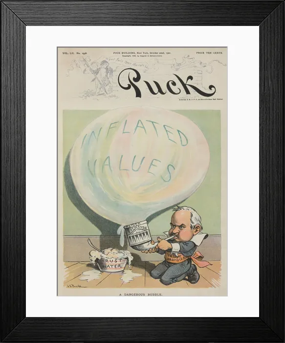 Framed Print : A DANGEROUS BUBBLE 1902 cartoon depicting a man resembling J Framed Print : A DANGEROUS BUBBLE 1902 cartoon depicting a man resembling J
