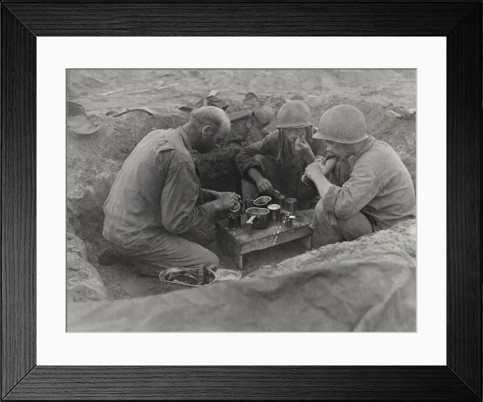 Framed Print : Three U.S. Army soldiers eat rations in a foxhole during the Battle of Saipan. Ca. June 15-July 9, 1944, during World War 2. (BSLOC_2013_14_55) Framed Print : Three U.S. Army soldiers eat rations in a foxhole during the Battle of Saipan. Ca. June 15-July 9, 1944, during World War 2. (BSLOC_2013_14_55)