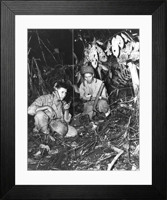 Framed Print : Navajo Indians with a U.S. Marine Signal Unit, operate a portable radio in Bougainville jungle