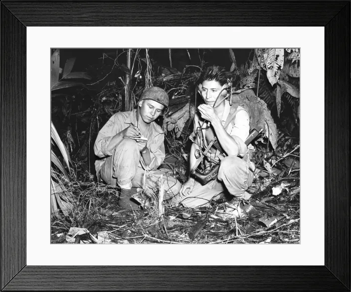 Framed Print : Navajo Indians with a U.S. Marine Signal Unit, operate a portable radio in Bougainville jungle