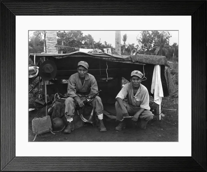 Framed Print : Native American Marines at their shelter on a Guam hillside