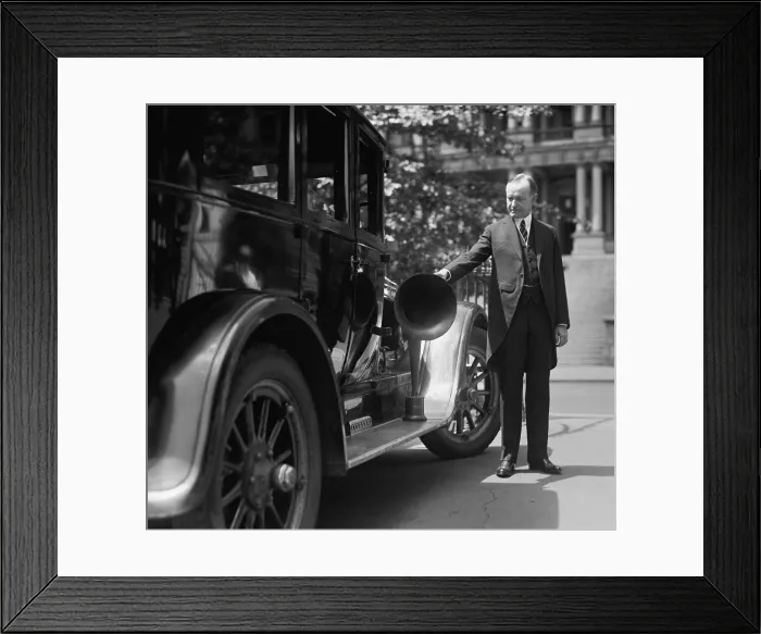 Framed Print : President Coolidge with a loud-speaker equipped car to be used in his 1924 presidential campaign Framed Print : President Coolidge with a loud-speaker equipped car to be used in his 1924 presidential campaign