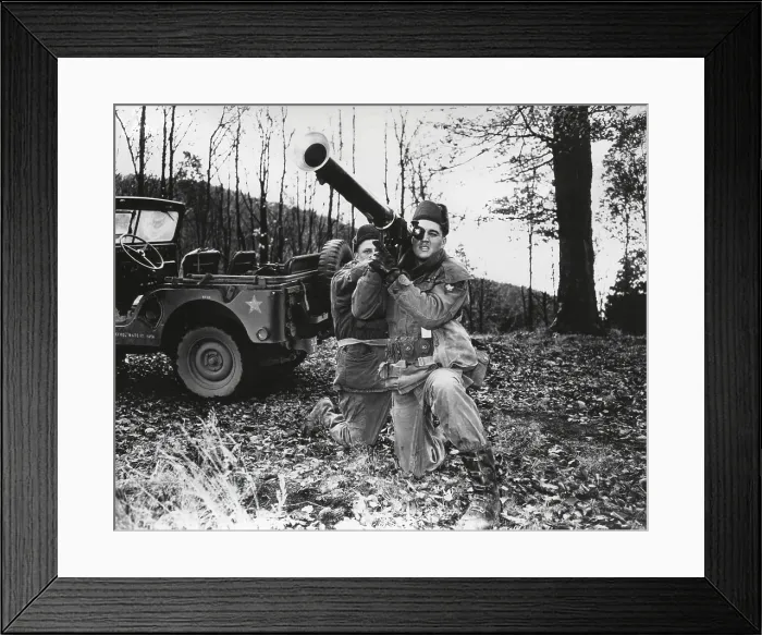 Framed Print : Elvis Presley training with a bazooka while on maneuvers in Germany