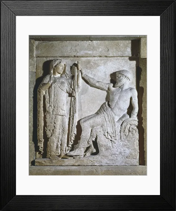 Framed Print : Metope with Hera and Zeus. Metope from the Temple of Zeus. Greek art. Relief on marble. ITALY. Palermo. Museo Archeologico Regionale (Regional Archaeological Museum). Proc: ITALY