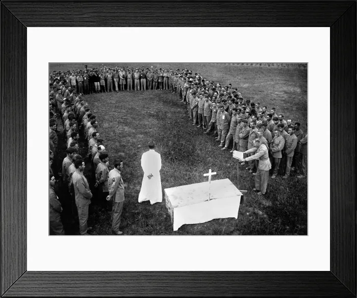 Framed Print : American POWs at in a Japanese camp in Airyokei, Takao Province, Formosa, ca. 1943-44. They observe a service for deceased souls. World War 2. (BSLOC_2013_14_83)