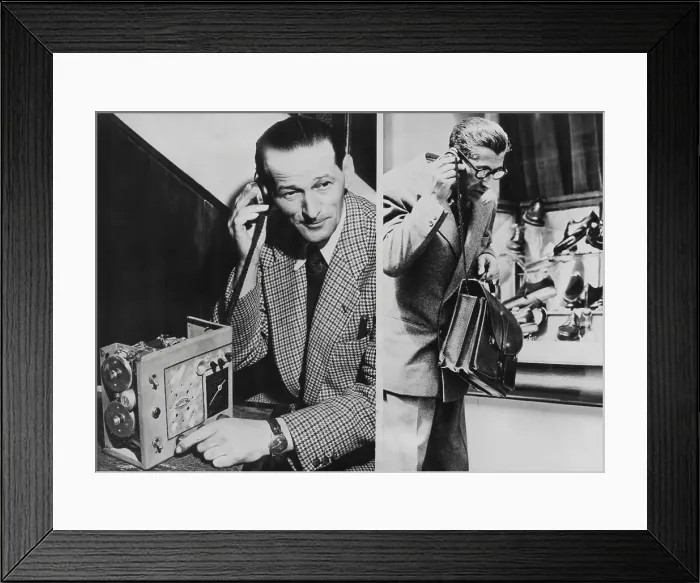 Framed Print : The Telephonogramme was invented by Vital Gassmann. Paris, May 10, 1950. The receiver of this early wireless mobile telephone could fit into a briefcase