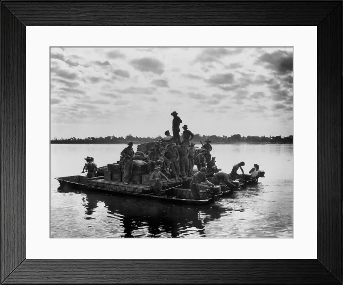 Framed Print : U.S. Army barge, powered by outboard motors, on the Irrawaddy River near Tigyiang, Burma. The soldiers were transporting a truck and ammunition during World War 2, Dec. 30, 1944 Framed Print : U.S. Army barge, powered by outboard motors, on the Irrawaddy River near Tigyiang, Burma. The soldiers were transporting a truck and ammunition during World War 2, Dec. 30, 1944