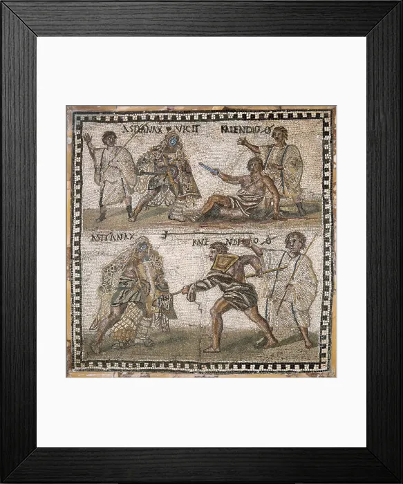 Framed Print : Mosaic of gladiators, third century. Two scenes with the victory of decutor (armor, helmet, shield and sword) Astyanax, on retiarius (net, trident and dagger) Kalendio Framed Print : Mosaic of gladiators, third century. Two scenes with the victory of decutor (armor, helmet, shield and sword) Astyanax, on retiarius (net, trident and dagger) Kalendio