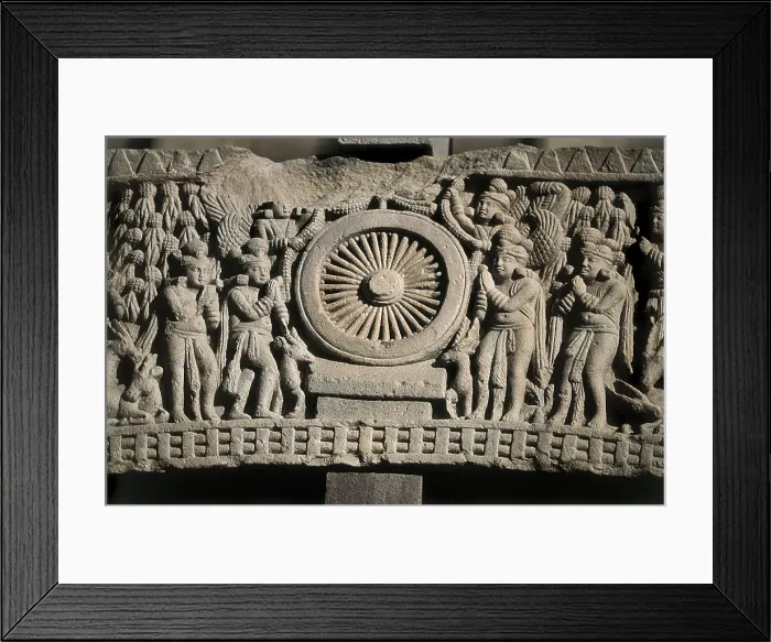 Framed Print : Great Stupa. 3rd BC. INDIA. Sanchi. Great Stupa. Scene with the first speech of Buddha in Mrigadava, standing out the Dharma wheel in the middle Framed Print : Great Stupa. 3rd BC. INDIA. Sanchi. Great Stupa. Scene with the first speech of Buddha in Mrigadava, standing out the Dharma wheel in the middle