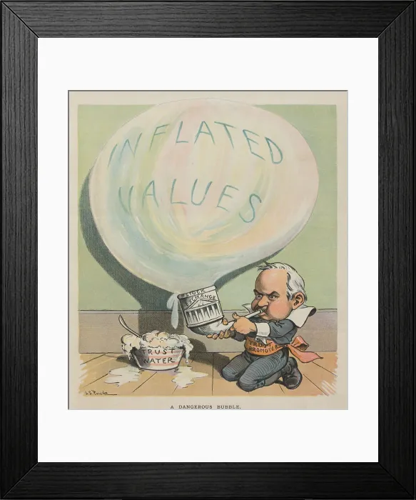 Framed Print : A DANGEROUS BUBBLE 1902 cartoon depicting a man resembling J Framed Print : A DANGEROUS BUBBLE 1902 cartoon depicting a man resembling J