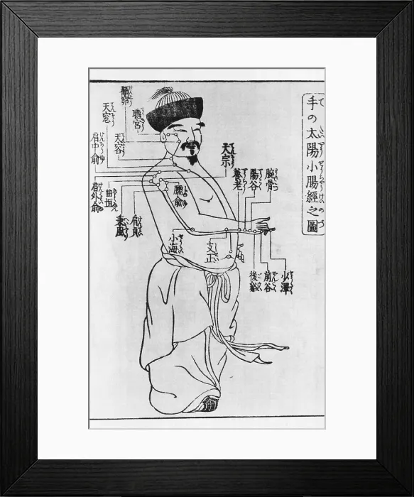Framed Print : Woodcut illustrating acupuncture points on the left shoulder, arm, hand, torso, and face of a bearded Oriental man, and annotated with Japanese characters Framed Print : Woodcut illustrating acupuncture points on the left shoulder, arm, hand, torso, and face of a bearded Oriental man, and annotated with Japanese characters
