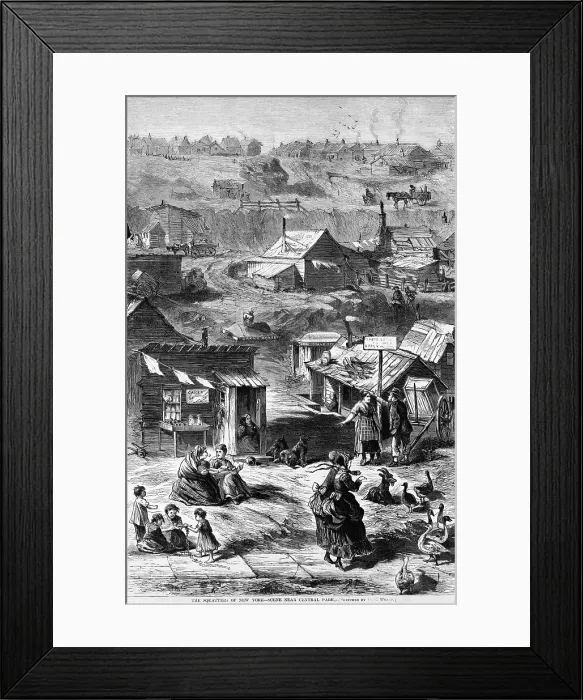 Framed Print : Near New York City's Central Park a large squatters settlement with wood homes and even a rustic office selling lots. 1869 Framed Print : Near New York City's Central Park a large squatters settlement with wood homes and even a rustic office selling lots. 1869