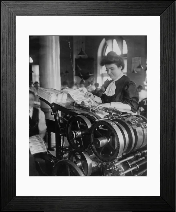 Framed Print : Woman printing 5 certificates at the U.S. Bureau of Engraving and Printing Washington D.C. in 1980. (BSLOC_2010_18_52)