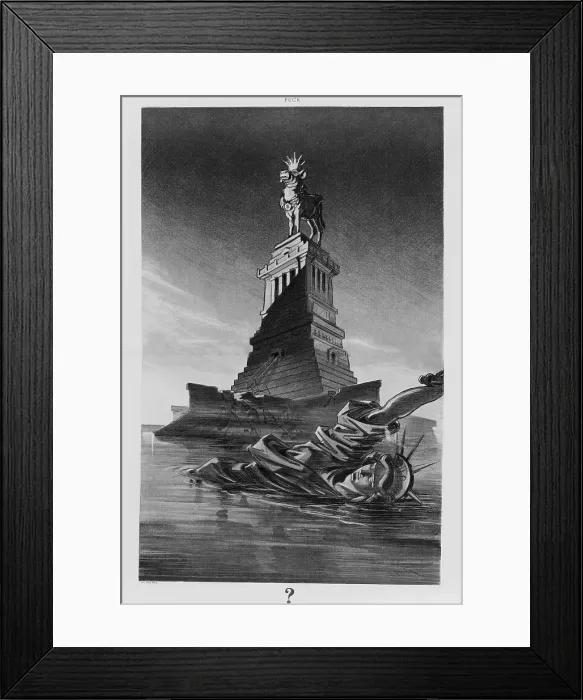 Framed Print : 1912 cartoon attacking business greed shows the ruined Statue of Liberty floating in New York Bay Framed Print : 1912 cartoon attacking business greed shows the ruined Statue of Liberty floating in New York Bay