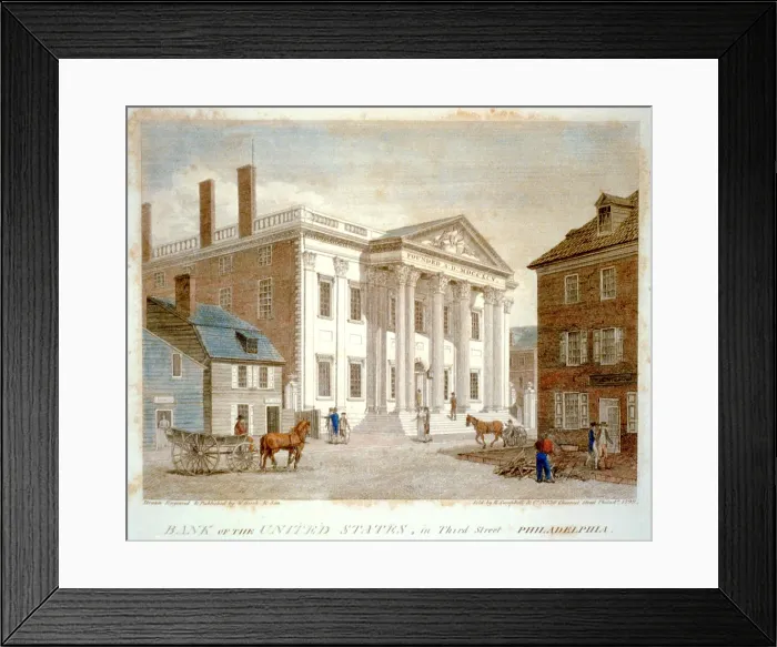 Framed Print : Bank of the United States, on Third Street, Philadelphia. Opened for business in 1797. Philadelphia, PA. Colored engraving by William Birch, ca. 1800 Framed Print : Bank of the United States, on Third Street, Philadelphia. Opened for business in 1797. Philadelphia, PA. Colored engraving by William Birch, ca. 1800