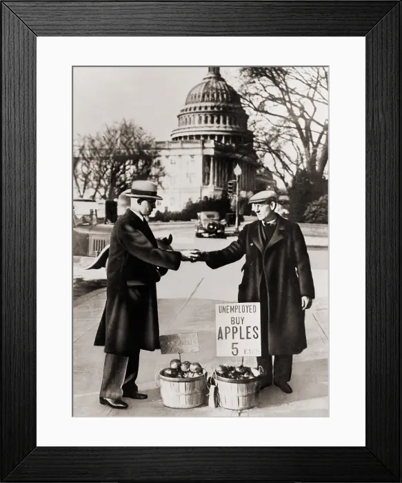 Framed Print : The Great Depression. Unemployed man sells apples near the Capitol in Washington D.C Framed Print : The Great Depression. Unemployed man sells apples near the Capitol in Washington D.C