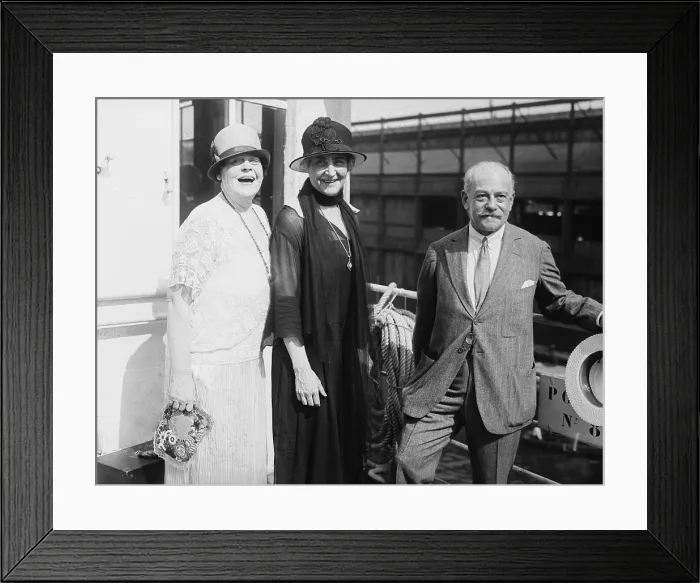 Framed Print : Marie Dressler Anne Morgan and Jules Bache photographed aboard an ocean liner a New York Pier. Dressler was a comic actress Morgan was the willful daughter of J.P Framed Print : Marie Dressler Anne Morgan and Jules Bache photographed aboard an ocean liner a New York Pier. Dressler was a comic actress Morgan was the willful daughter of J.P