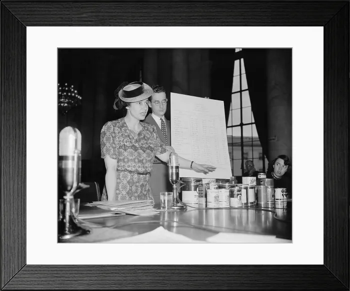 Framed Print : Dr. Ruth W. Ayers an economist testifying before the Congressional Monopoly Committee shows investigators examples of confusing