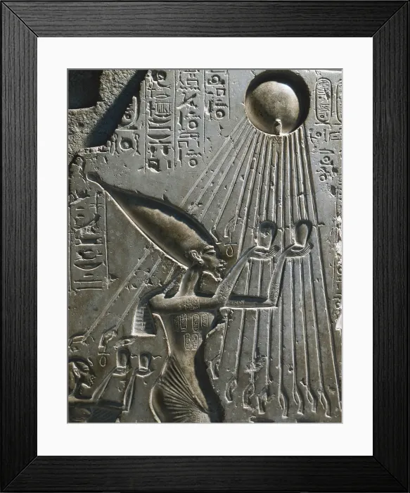 Framed Print : Akhenaten and his family offering to the sun-god Aten. 1364 - 1347 BC. Detail of the Pharaoh. Egyptian art. New Kingdom. Relief on rock. EGYPT. Cairo. Egyptian Museum